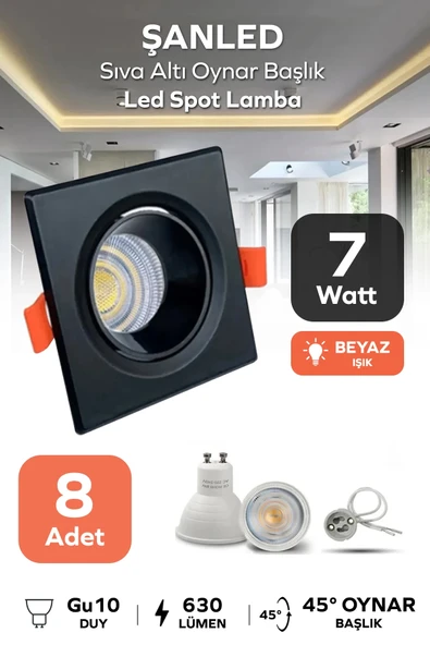 6w Sıva Altı Oynar Başlık Gu10 Siyah Kasa Beyaz Işık Led Spot Lamba 8 Adet ürün görseli 1