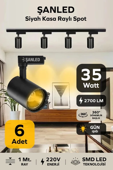 Led Siyah Kasa Gün Işığı 35w Raylı Spot 6 Adet 1 Metre Ray ürün görseli 1