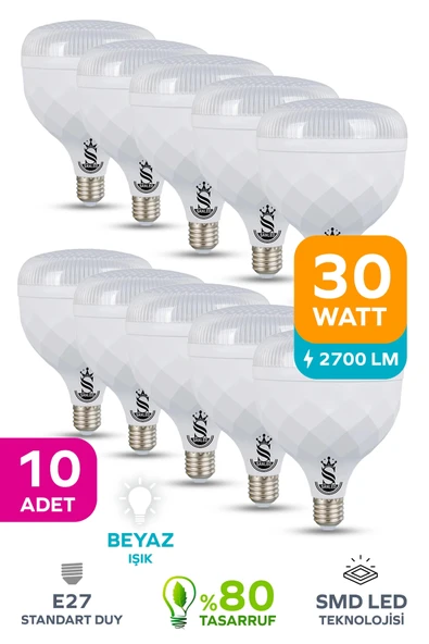 30W KRİSTAL Tasarruflu E27 Beyaz Işık Torch Led Ampul 10 Adet ürün görseli 1