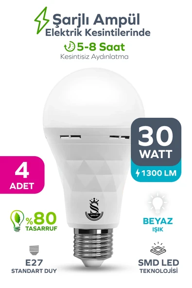 Şarjlı Akülü 30w Beyaz Işık Led Ampul 4 Adet ürün görseli 1
