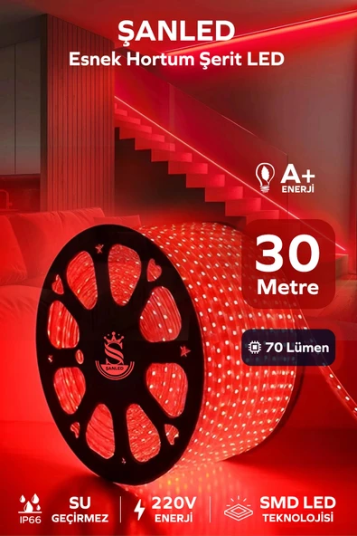 Hortum Esnek 220V Şerit Led Kırmızı 30 Metre ürün görseli 1