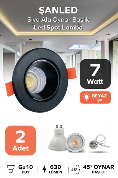 7w Sıva Altı Oynar Başlık Gu10 Yuvarlak Siyah Kasa Beyaz Işık Led Spot Lamba 2 Adet ürün görseli 1
