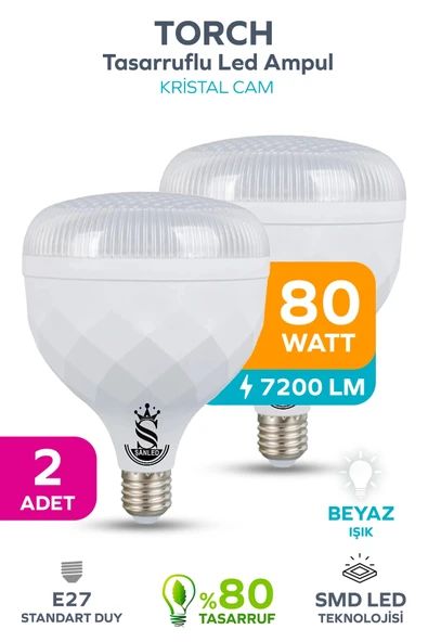 80W KRİSTAL Tasarruflu E27 Beyaz Işık Torch Led Ampul 2 Adet ürün görseli 1