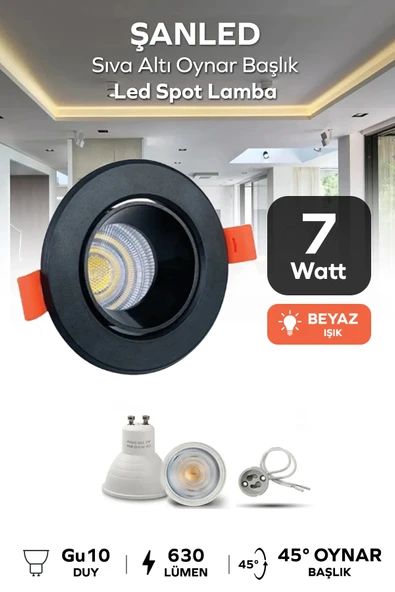 7w Sıva Altı Oynar Başlık Gu10 Yuvarlak Siyah Kasa Beyaz Işık Led Spot Lamba 1 Adet ürün görseli 1