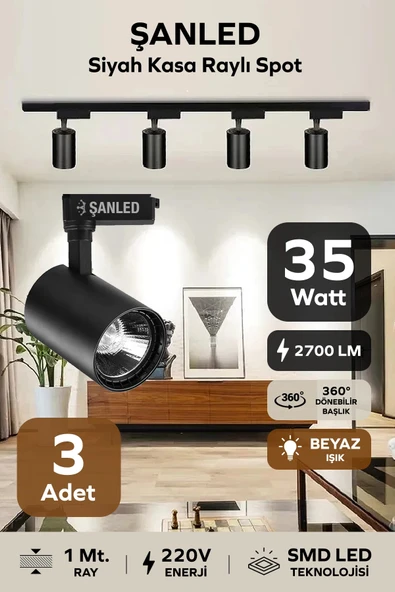 Led Siyah Kasa Beyaz Işık 35w Raylı Spot / 3 Adet 1 Metre Ray ürün görseli 1