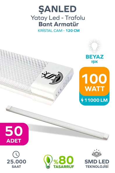 100Wat 120 cm KRİSTAL Yatay LED Bant Armatür-Trafolu Beyaz Işık 50 Adet ürün görseli 1