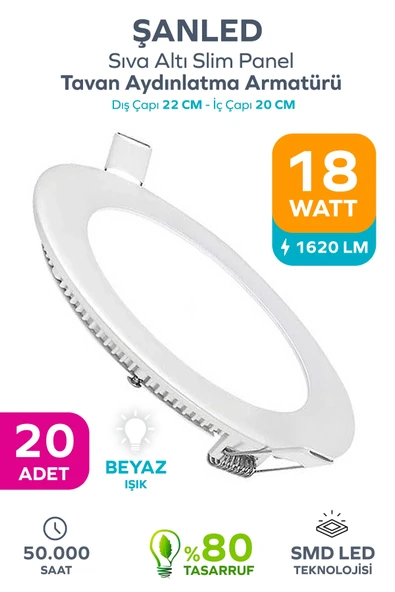 18w Tasarruflu Led Yuvarlak Beyaz Işık Sıva Altı Slim Panel Tavan Aydınlatma Armatürü 20 Adet ürün görseli 1