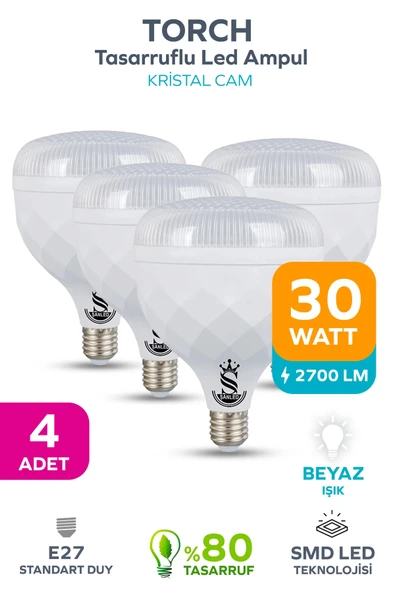 30W KRİSTAL Tasarruflu E27 Beyaz Işık Torch Led Ampul 4 Adet ürün görseli 1