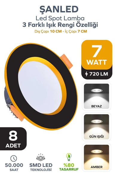 7W 3 Renkli (Beyaz, Gün Işığı, İkisi bir arada) Siyah Gold Led Spot Lamba 8 Adet ürün görseli 1
