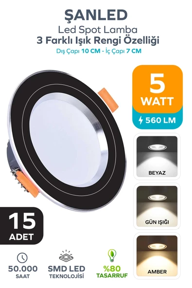 5W 3 Renkli ( Beyaz, Gün Işığı, Amber )Siyah Krom Kasa Led Spot Lamba 15 Adet ürün görseli 1