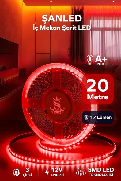 3 Çipli Iç Mekan Kırmızı Şerit Led 20 Metre ürün görseli 1