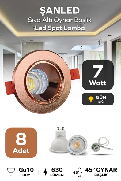 7w Sıva Altı Oynar Başlık Gu10 Yuvarlak Bakır Kasa Gün Işığı Led Spot Lamba 8 Adet ürün görseli 1
