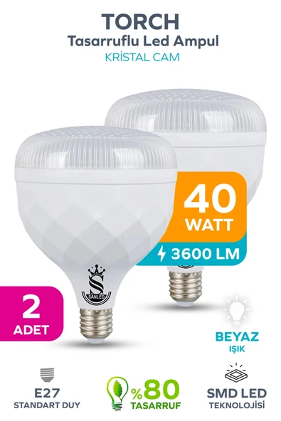 40W KRİSTAL Tasarruflu E27 Beyaz Işık Torch Led Ampul 2 Adet ürün görseli 1
