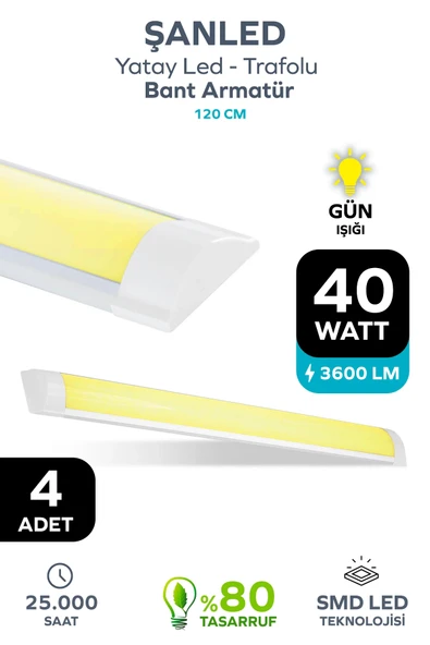 120 Cm 40 Watt Yatay Led Bant Armatür-trafolu Gün Işığı 4 Adet ürün görseli 1