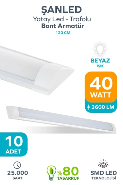 120 Cm 40 Watt Yatay Led Bant Armatür-trafolu Beyaz Işık 10 Adet ürün görseli 1