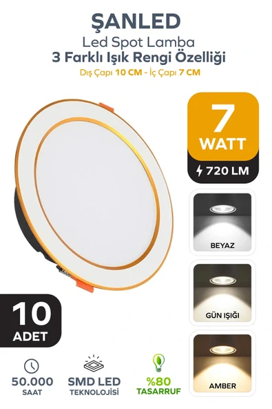 7W 3 Renkli (Beyaz,Gün Işığı,ikisi Bir Arada) Beyaz Gold Led Spot Lamba - 10 Adettir ürün görseli 1