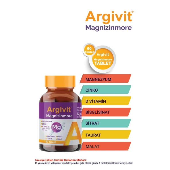 Argivit Magnizinmore Magnezyum Çinko ve Vitamin D İçeren Takviye Edici Gıda 60 Tablet ürün görseli 1