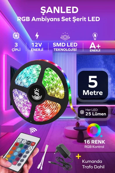 Şerit Led 5 Metre Animasyonlu Tak Çalıştır Kumandalı Trafolu Rgb Şerit Işık Aydınlatma Parti Led ürün görseli 1