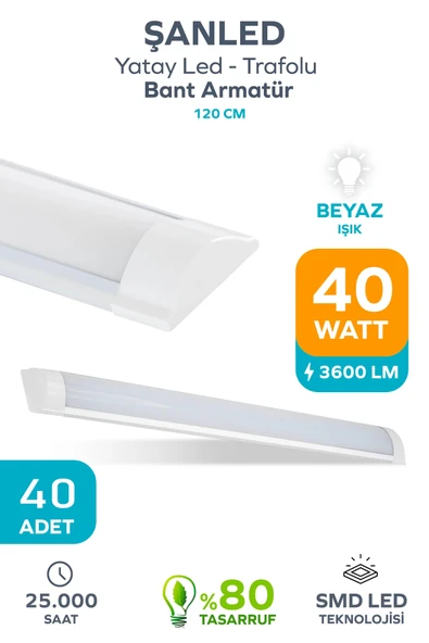 120 Cm 40 Watt Yatay Led Bant Armatür-trafolu Beyaz Işık 40 Adet ürün görseli 1