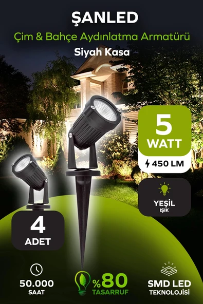 5W YEŞİL IŞIK SİYAH KASA ÇİM BAHÇE AYDINLATMA ARMATÜRÜ 4 Adet ürün görseli 1