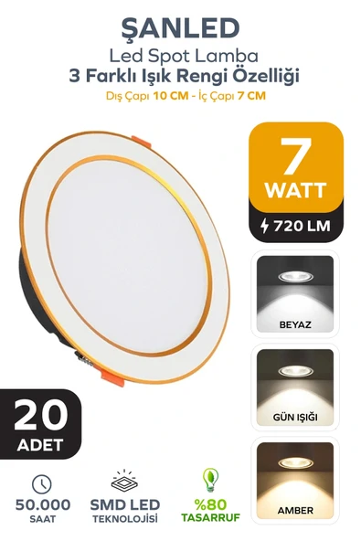 7W 3 Renkli (Beyaz,Gün Işığı,ikisi Bir Arada) Beyaz Gold Led Spot Lamba - 20 Adettir ürün görseli 1