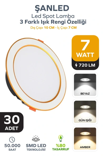 7W 3 Renkli (Beyaz,Gün Işığı,ikisi Bir Arada) Beyaz Gold Led Spot Lamba- 30 Adettir ürün görseli 1