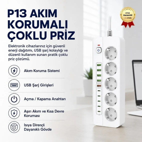 Protech P13 Akım Korumalı Çoklu Priz USB Girişli Anahtarlı, Yüksek Güvenlikli Elektrik Prizi ürün görseli 1