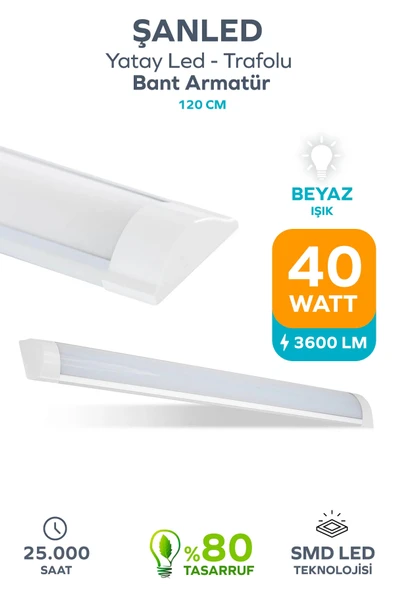 120 Cm 40 Watt Yatay Led Bant Armatür-trafolu Beyaz Işık 1 Adet ürün görseli 1
