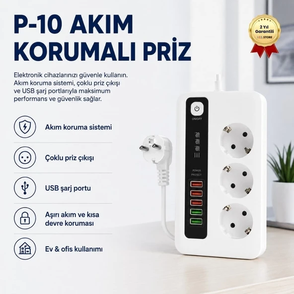 Protech P10 Akım Korumalı Çoklu Priz USB Girişli Anahtarlı, Yüksek Güvenlikli Priz Ünitesi ürün görseli 1