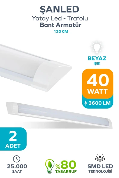 120 Cm 40 Watt Yatay Led Bant Armatür-trafolu Beyaz Işık 2 Adet ürün görseli 1