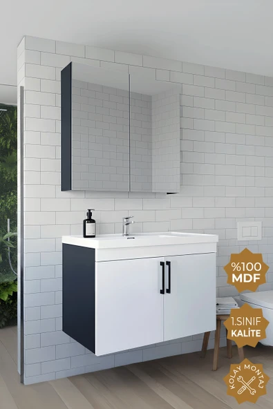 Teta Home Yalova 80 Cm Mdf Banyo Dolabı Seti  Antrasit-Beyaz ürün görseli 1