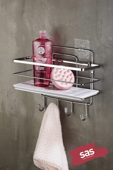 4 Kancalı Yapışkanlı Ayarlanabilir Banyo Rafı – Paslanmaz Kristal Şampuanlık (Yapıştır/Vidala) Krom-Beyaz - LŞ-01 - KBKK ürün görseli 1