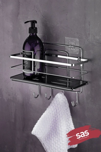 4 Kancalı Yapışkanlı Ayarlanabilir Banyo Rafı – Paslanmaz Metal Kristal Şampuanlık (Yapıştır/Vidala) Krom-Siyah - LŞ-01 - KSKK ürün görseli 1