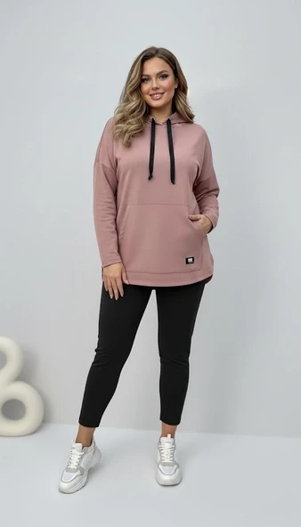 Kadın Büyük Beden Uzun Kollu Kapüşonlu Kanguru Cepli Sweatshirt 2016 ürün görseli 1