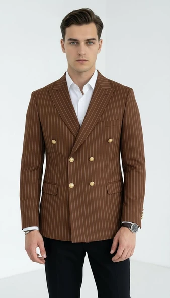 Plus Scorpion Kahverengi Çizgili Erkek Kruvaze Blazer Ceket – İtalyan Kesim, Modern Şıklık ürün görseli 1