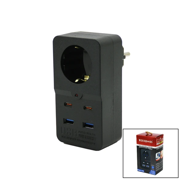TERMAL AKIM KORUMALI  1XPRİZ 2X USB 2X TYPE-C DUVAR TİPİ PRİZ SİYAH 10A - 2500W-Findit ürün görseli 1