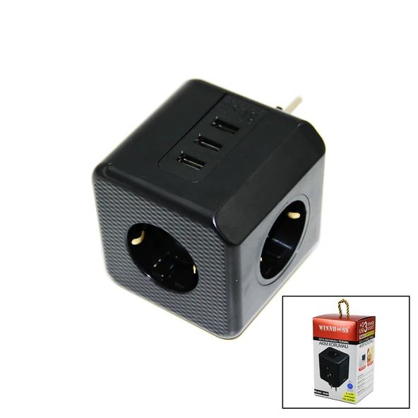 TERMAL AKIM KORUMALI  3X PRİZ 3X USB DUVAR TİPİ PRİZ SİYAH 10A - 2500W-Findit ürün görseli 1