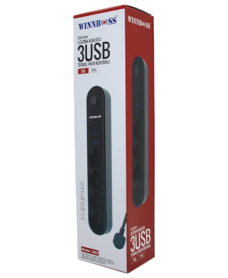 TERMAL AKIM KORUMALI 4LÜ PRİZ 3XUSB 2MT ANAHTARLI UZATMA KABLO SİYAH 10A - 2500W-Findit ürün görseli 1