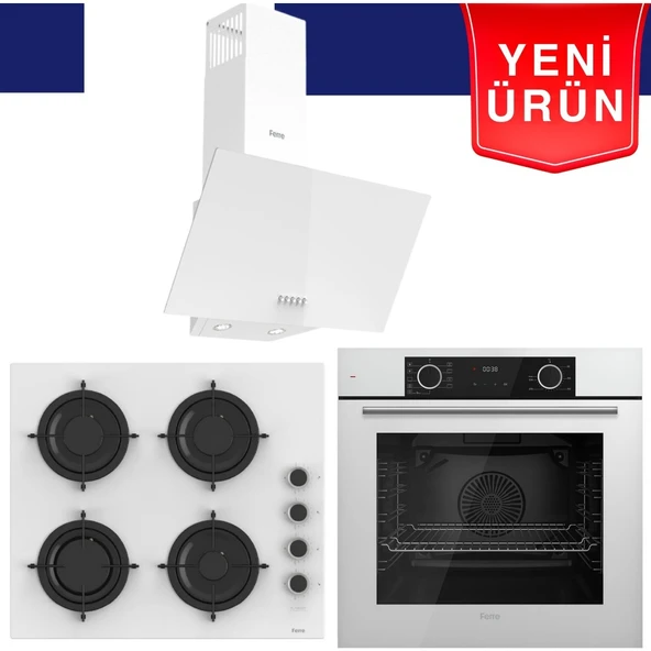 Ferre Yeni Seri Flowart Beyaz Cam Ankastre Set (QBL62CB + CS206-FA + D087) ürün görseli 1