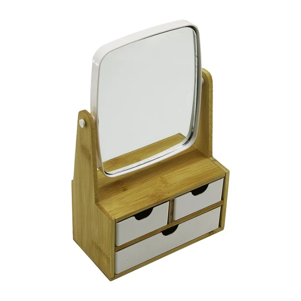 3 ÇEKMECELİ BAMBU AHŞAP STANDLI=9X9.5X18X21.5CM MAKYAJ AYNASI=15X18CM TAKILIK 2+1 ORGANİZER (2818) ürün görseli 1