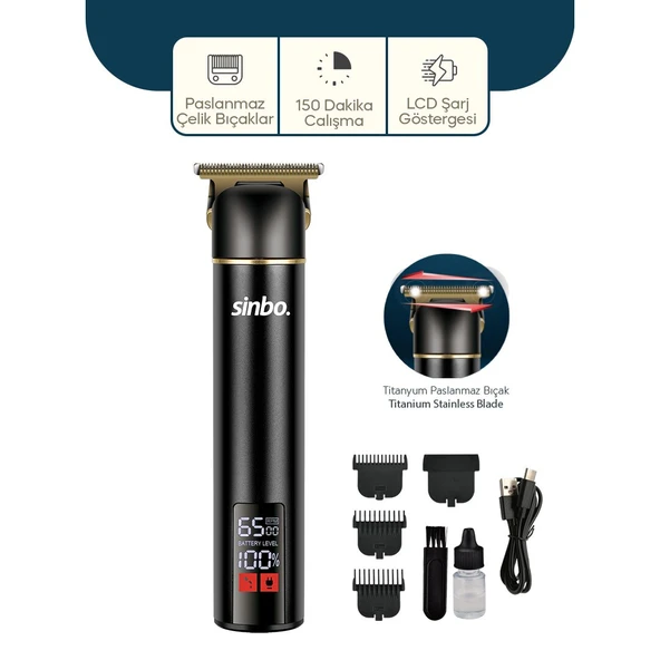 USB ŞARJLI - LCD GÖSTERGELİ SAÇ - SAKAL KESME TRAŞ MAKİNESİ ALÜMİNYUM ALAŞIMLI GÖVDE SHC-1907 (2818) ürün görseli 1