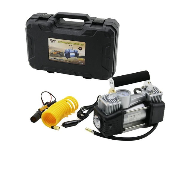 ÇİFT SİLİNDİR OTO - ARAÇ HAVA KOMPRESÖRÜ DC/12V - 23Amp - 150PSI FENERLİ BAR GÖSTERGELİ (2818) ürün görseli 1