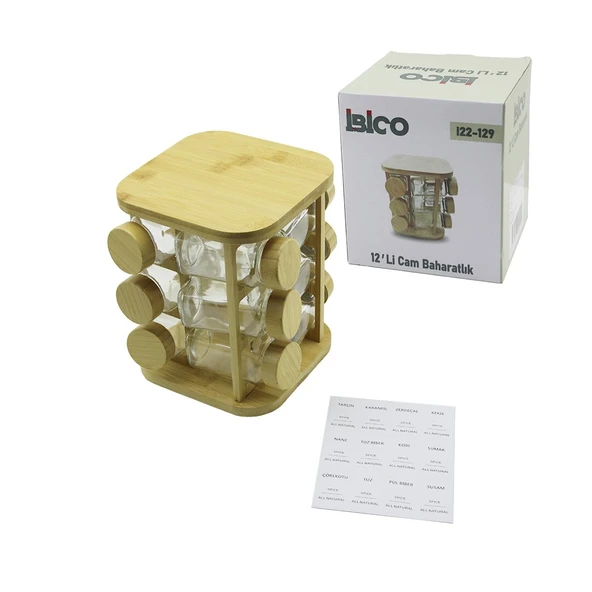 12PCS KARE DÖNER STANDLI CAM - BAMBU KAPAK TUZLUK - BAHARATLIK BAMBU STAND (2818) ürün görseli 1