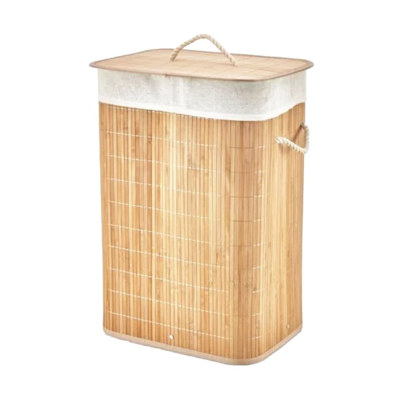 DİKDÖRTGEN BAMBU AHŞAP KİRLİ ÇAMAŞIR SEPETİ 40X30X60CM SEYYAR KAPAKLI İÇİ BEZLİ İP KULPLU (2818) ürün görseli 1