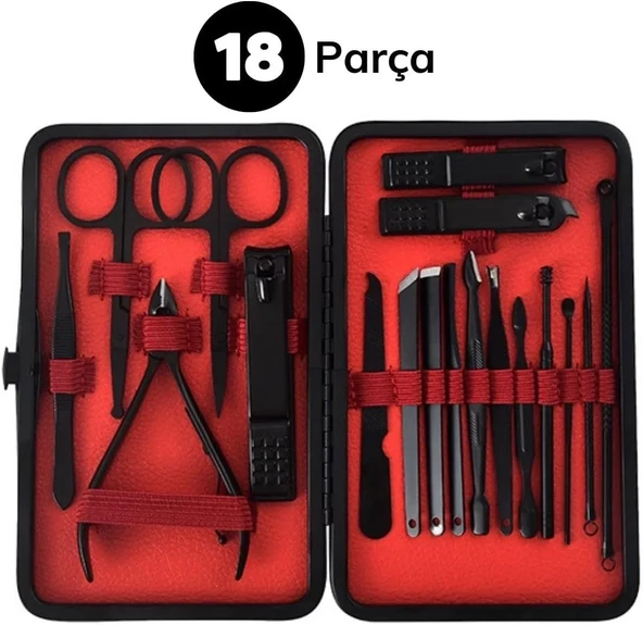 18 Parça Manikür Pedikür Set Kutusu Çelik Deri Çantalı Bakım Seti (2818) ürün görseli 1