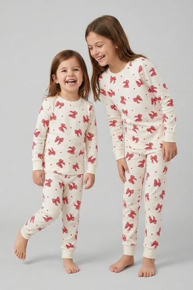 Ekru Renk Kırmızı Fiyonk Baskılı Kız Çocuk Pijama Takımı ürün görseli 1