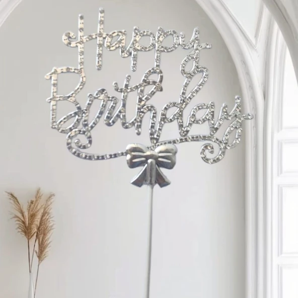 Gümüş Happy Birthday Lüx Taşlı Pasta Süsü ürün görseli 1