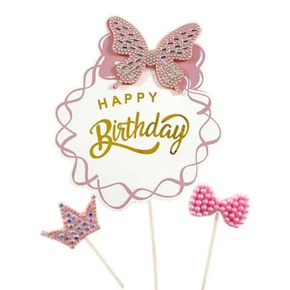 Kelebek Taşlı Happy Birthday Lüx Pasta Süsü ürün görseli 1