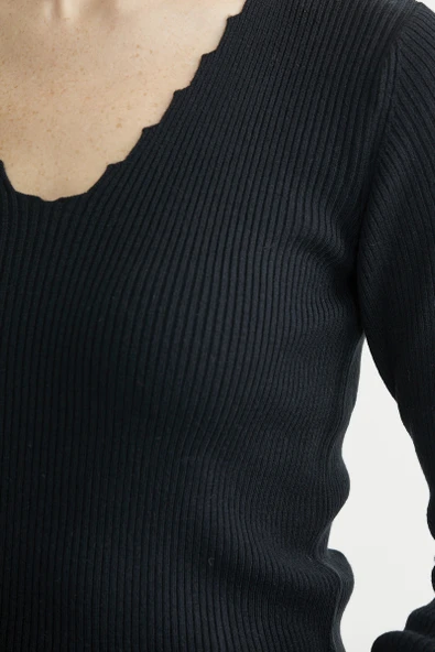 Fitilli Basic V Yaka Triko Kazak - Siyah - Resim 5