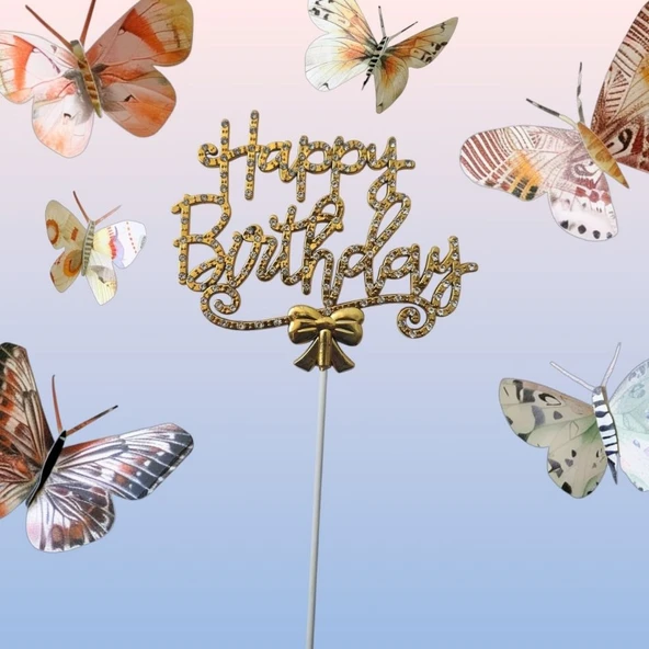 Gold Happy Birthday Lüx Taşlı Pasta Süsü ürün görseli 1